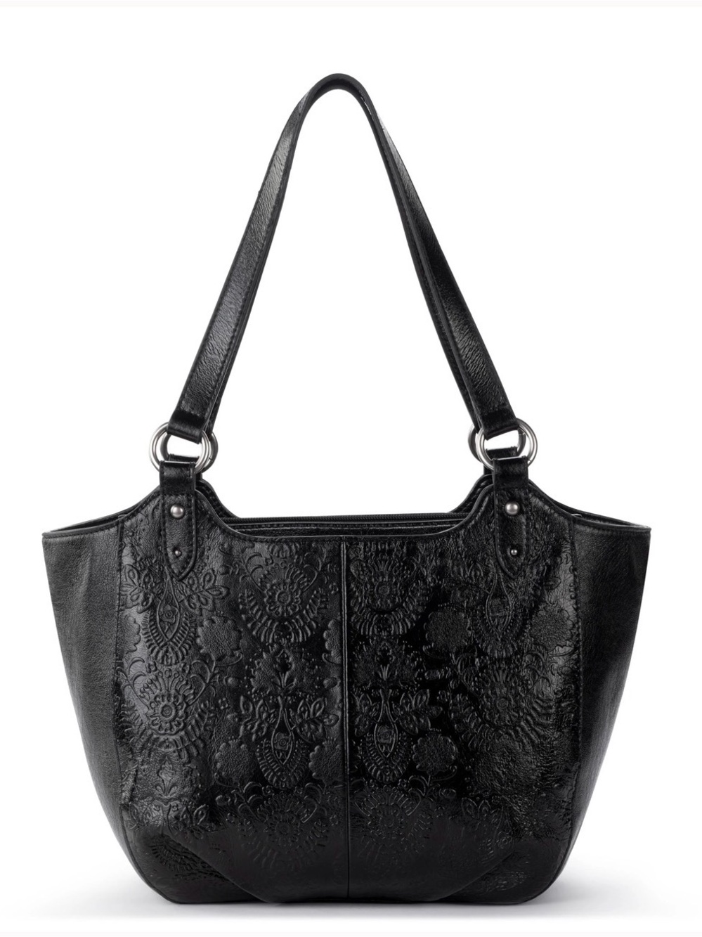 The Sak Bolinas Satchel in Black Floral Embossed Leather